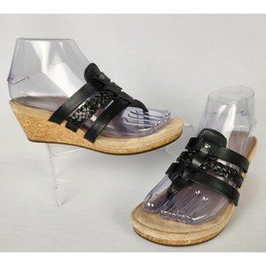UGG Maddie Black Thong Cork Wedge Sandal Shoe Women's Size 6 Leather